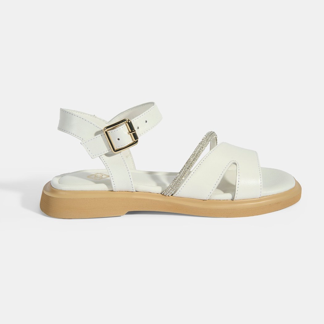 Kadın Beyaz Ayarlanabilir Tokalı Taş Detaylı Deri Sandalet