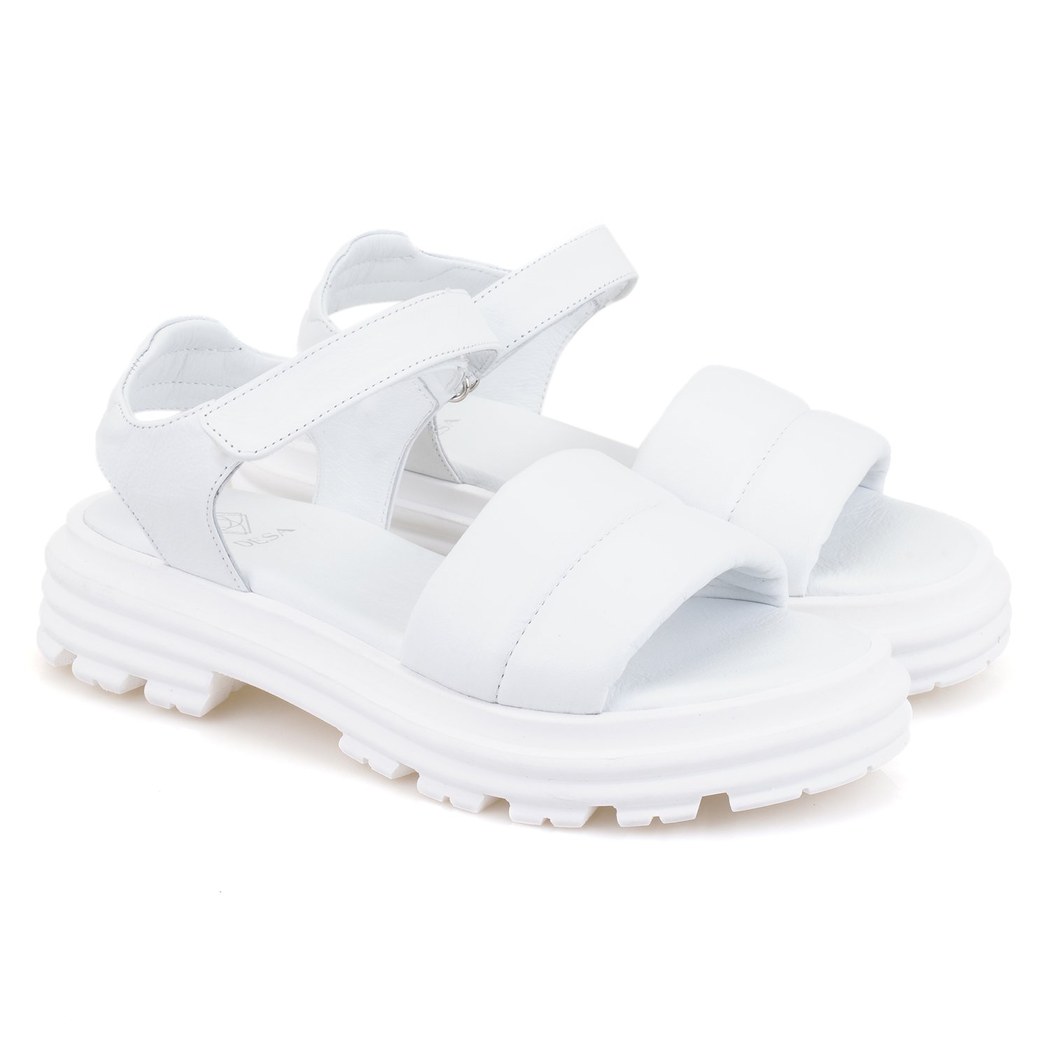 Kadın Beyaz Dolgu Tabanlı Deri Sandalet