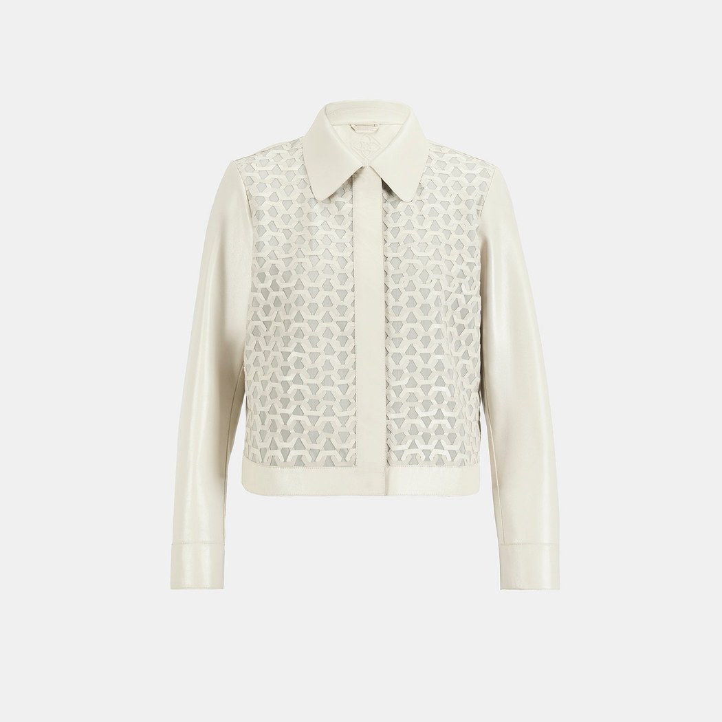 Kadın Beyaz Gömlek Yaka Örmeli Deri Ceket