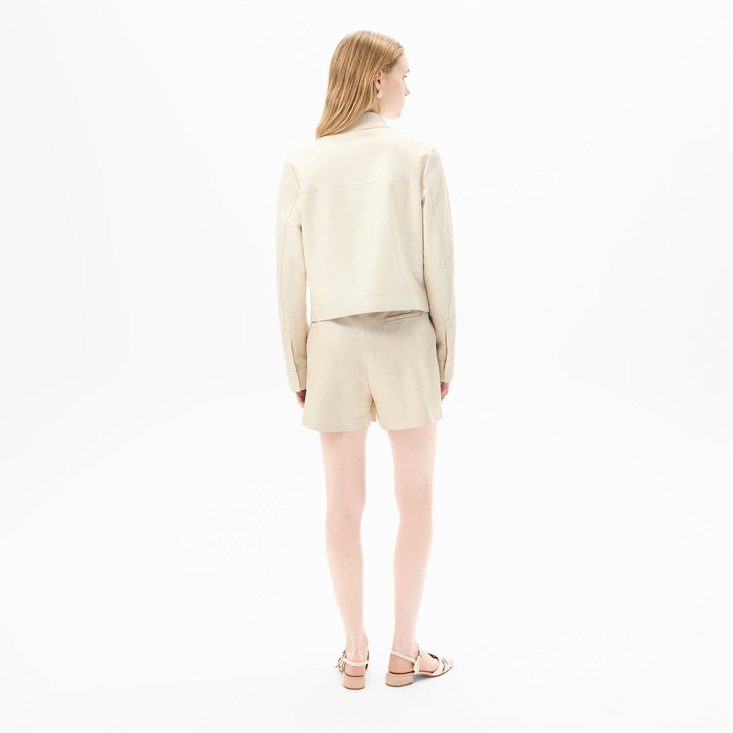 Kadın Beyaz Gömlek Yaka Örmeli Deri Ceket