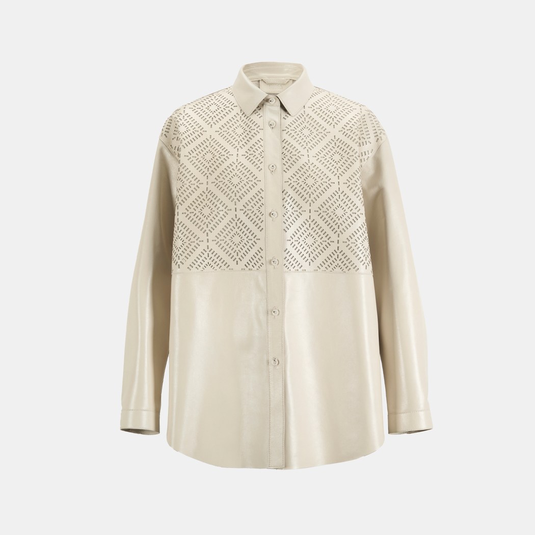 Kadın Beyaz Lazer Kesimli Geometrik Desenli Deri Gömlek