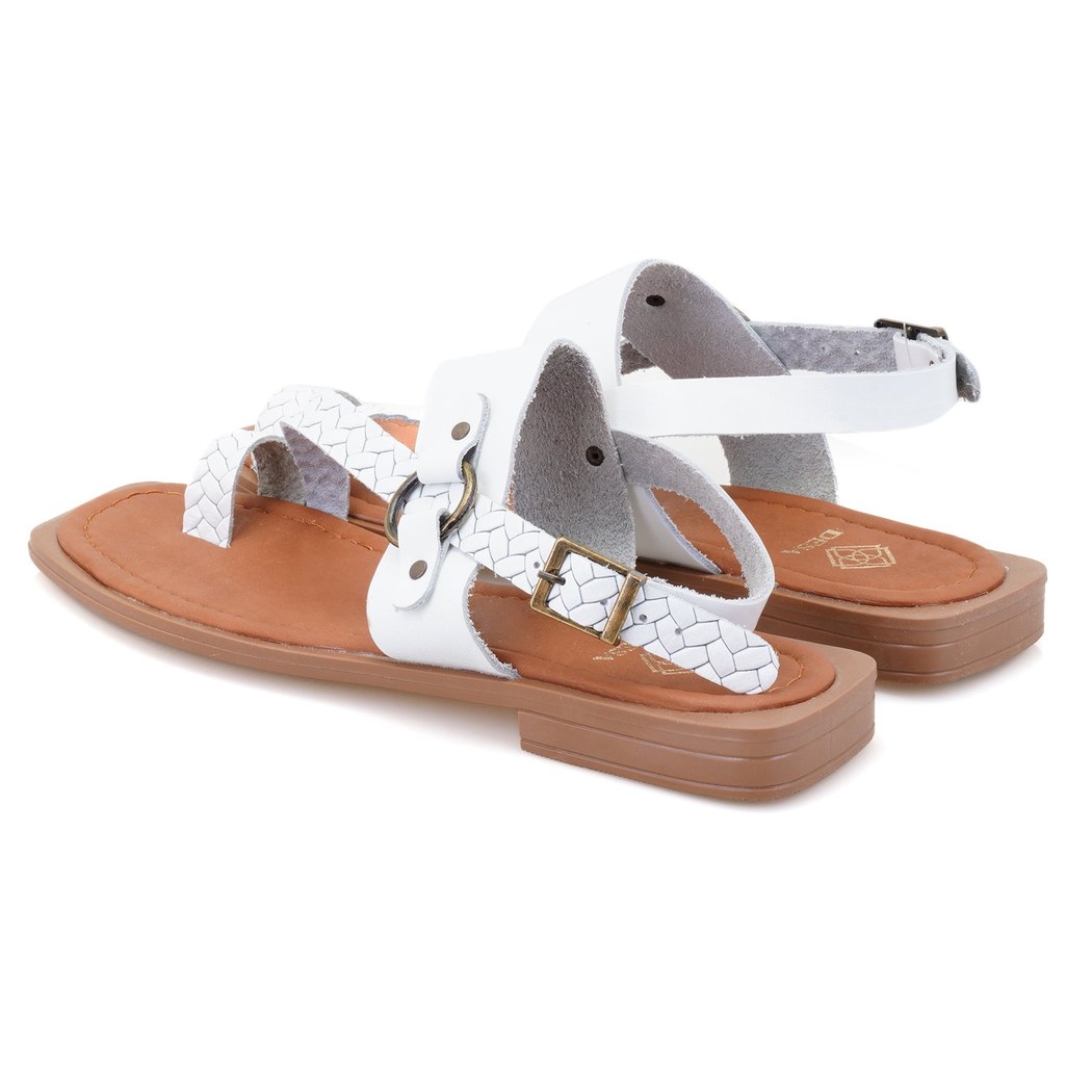 Kadın Beyaz Örgü Baskılı Deri Sandalet