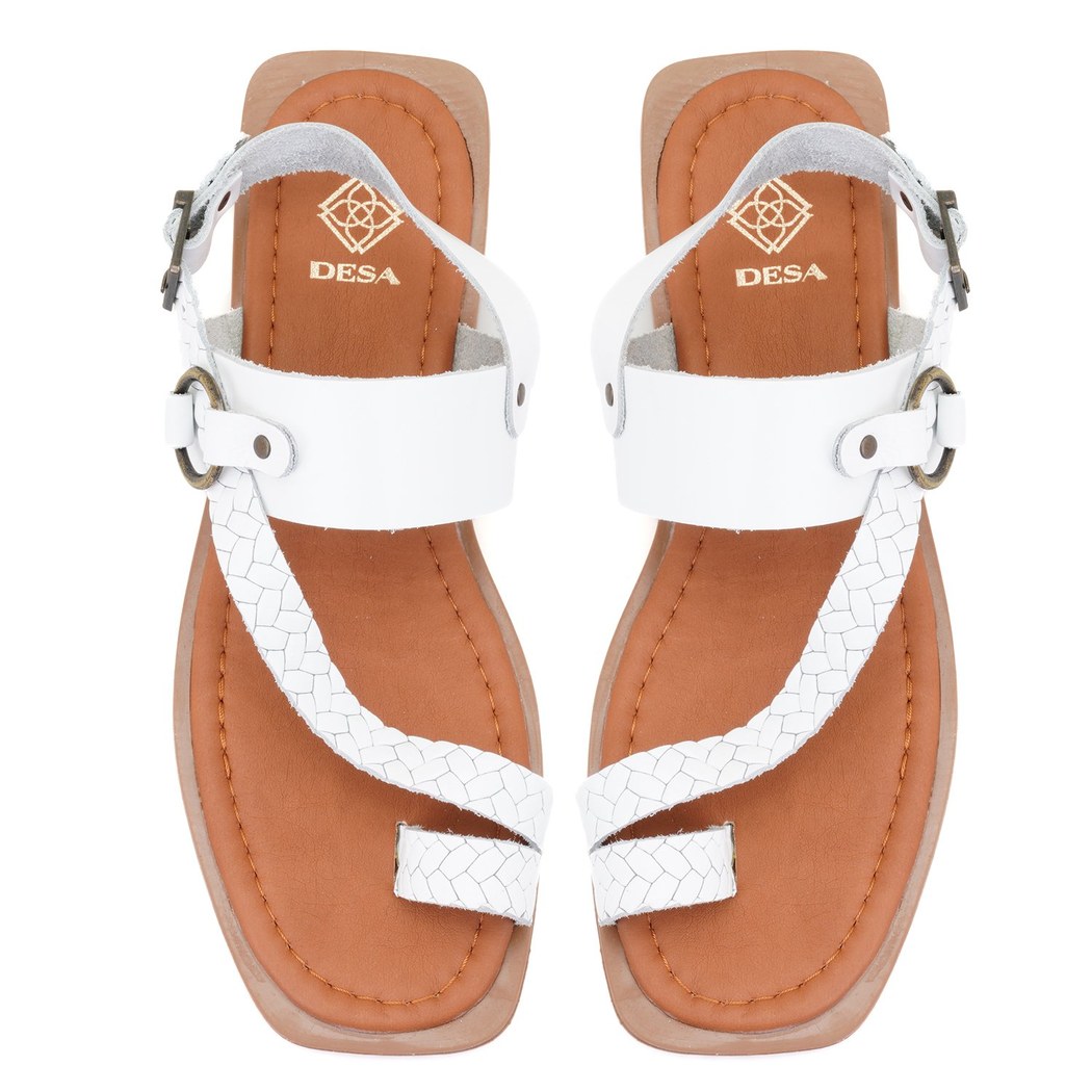 Kadın Beyaz Örgü Baskılı Deri Sandalet