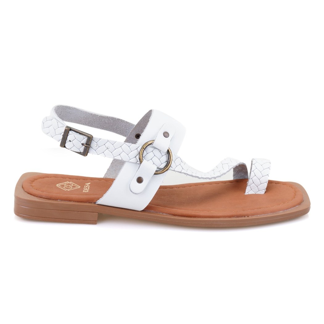 Kadın Beyaz Örgü Baskılı Deri Sandalet