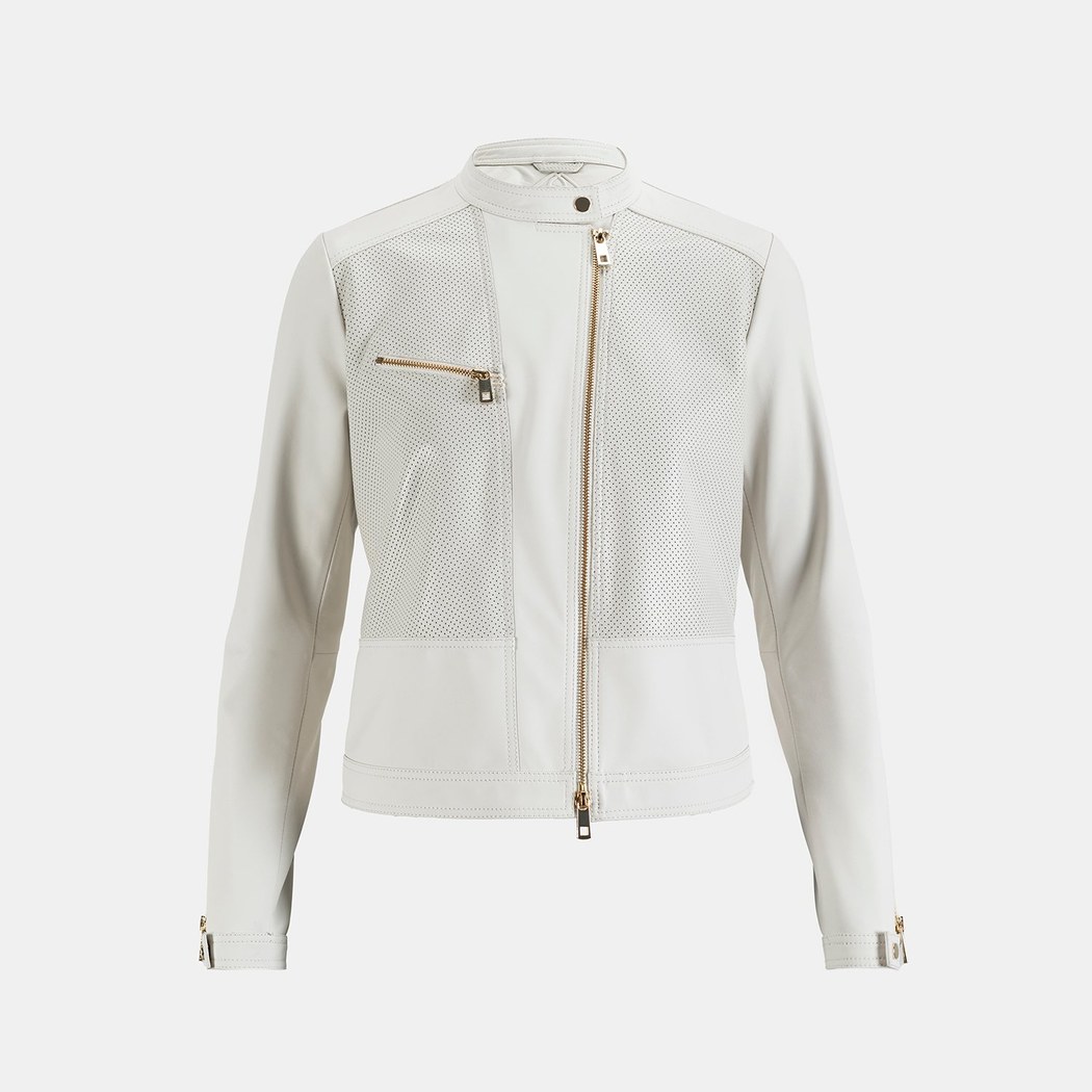 Kadın Beyaz Perfore Detaylı Deri Ceket