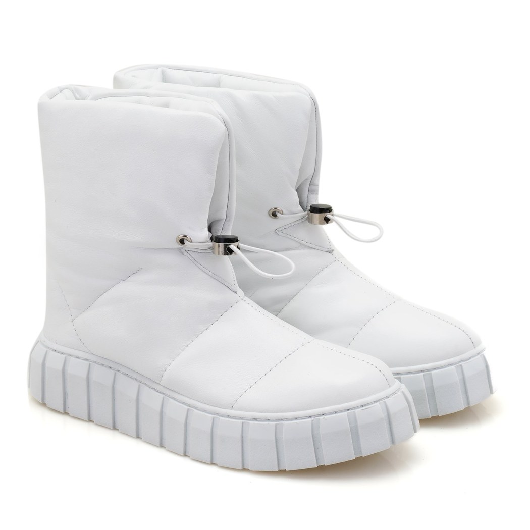 Kadın Beyaz Puffer Deri Detaylı Bot