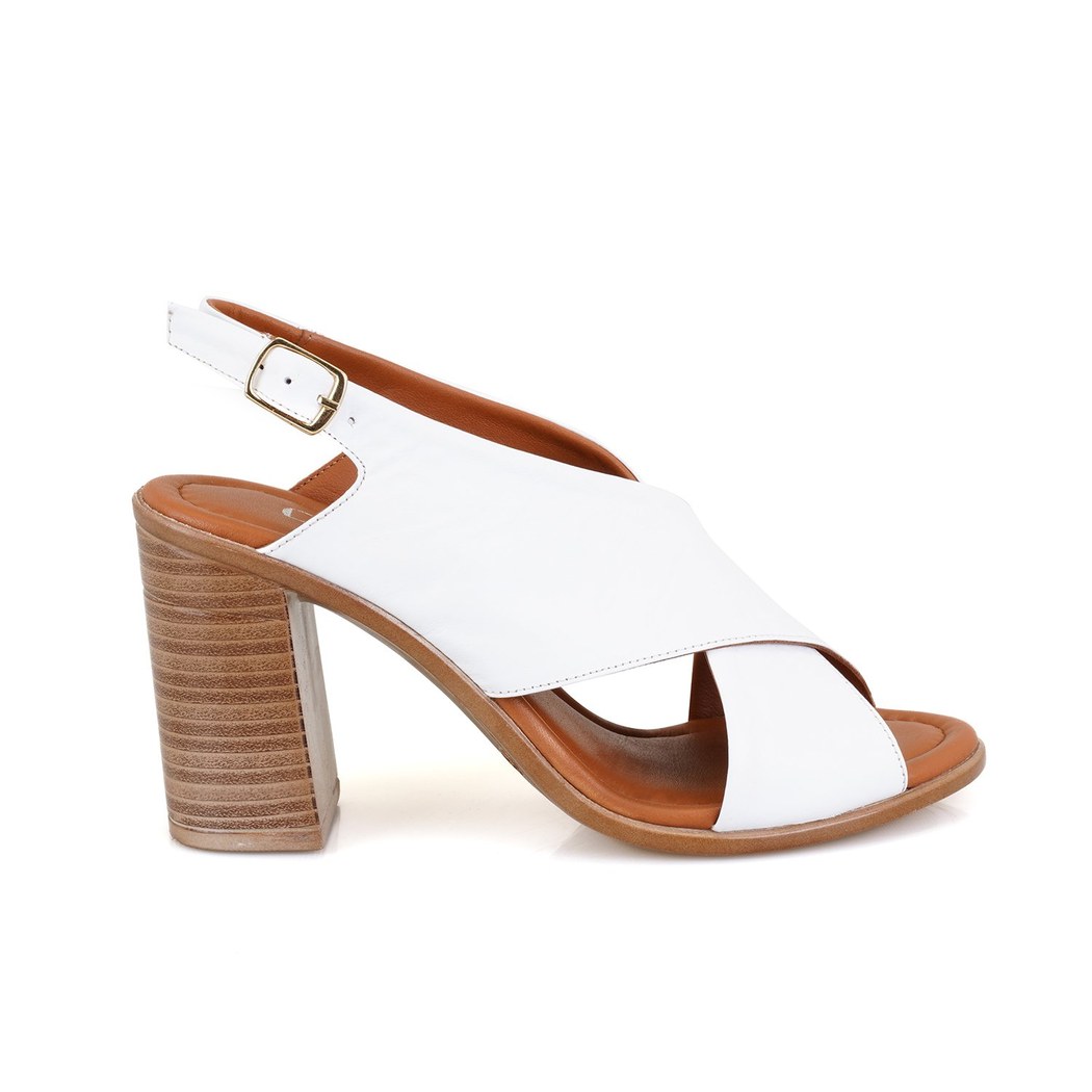 Kadın Beyaz Topuklu Deri Sandalet