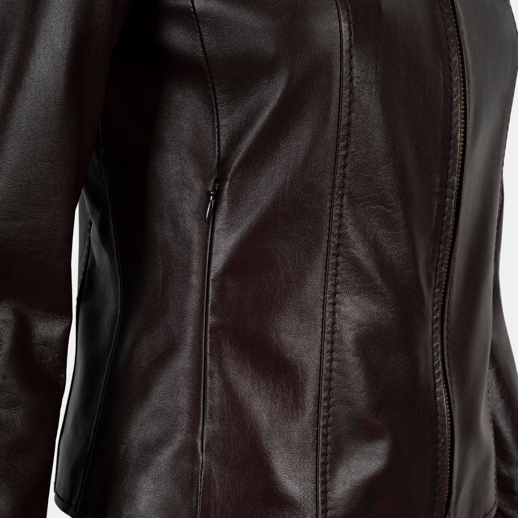 Kadın Bordo Gömlek Yakalı Fit Deri Ceket