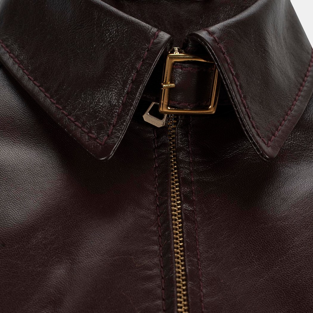 Kadın Bordo Gömlek Yakalı Fit Deri Ceket