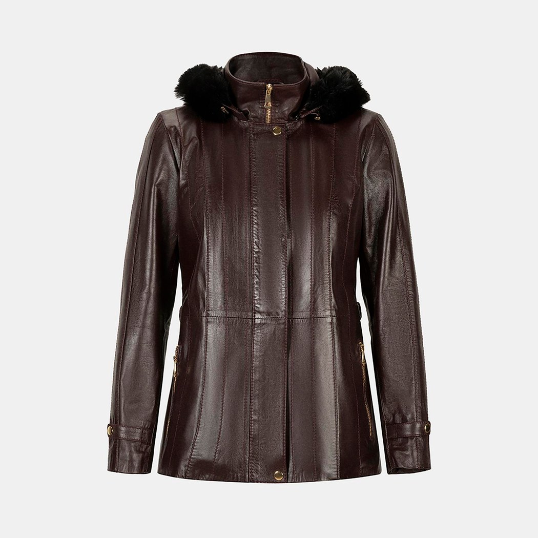 Kadın Bordo Kapüşonlu Deri Mont