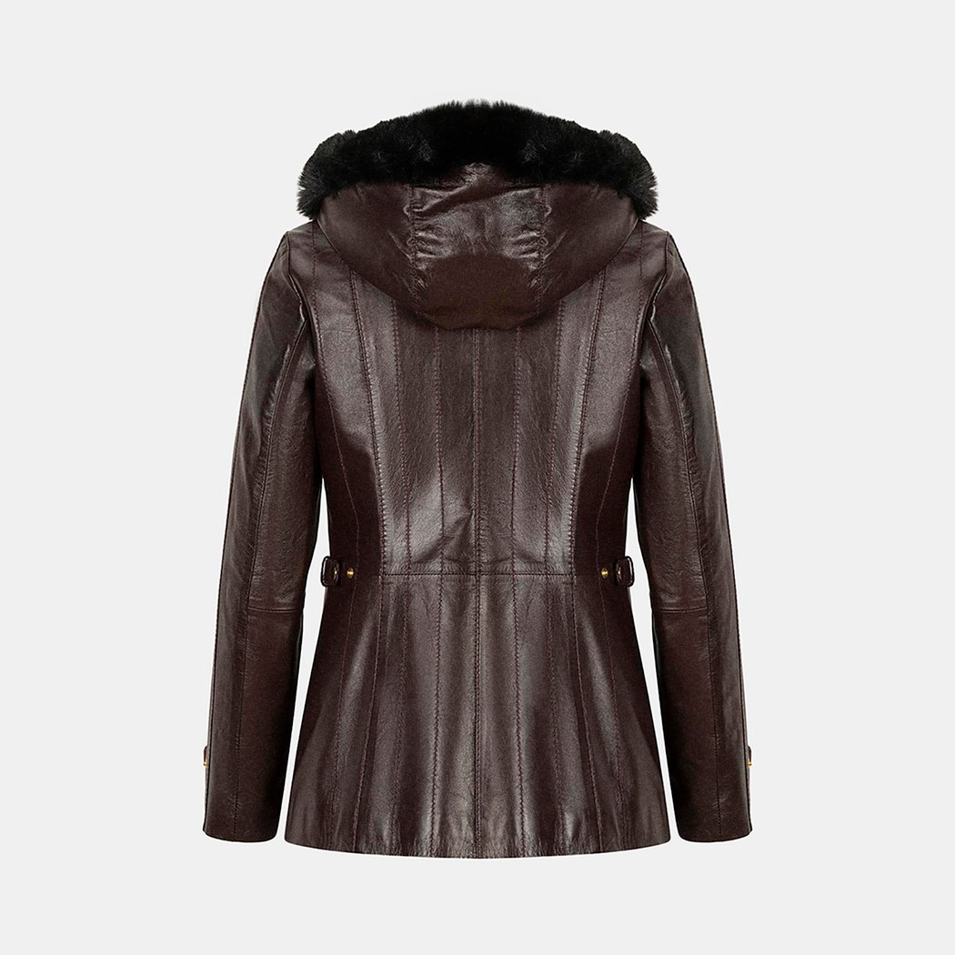 Kadın Bordo Kapüşonlu Deri Mont