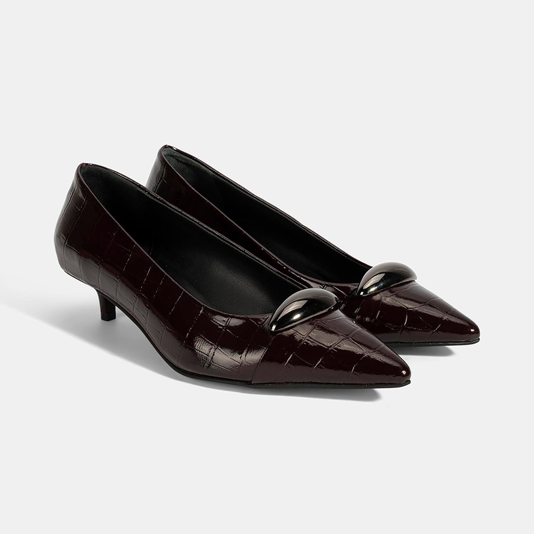 Kadın Bordo Kroko Baskılı Deri Topuklu Ayakkabı