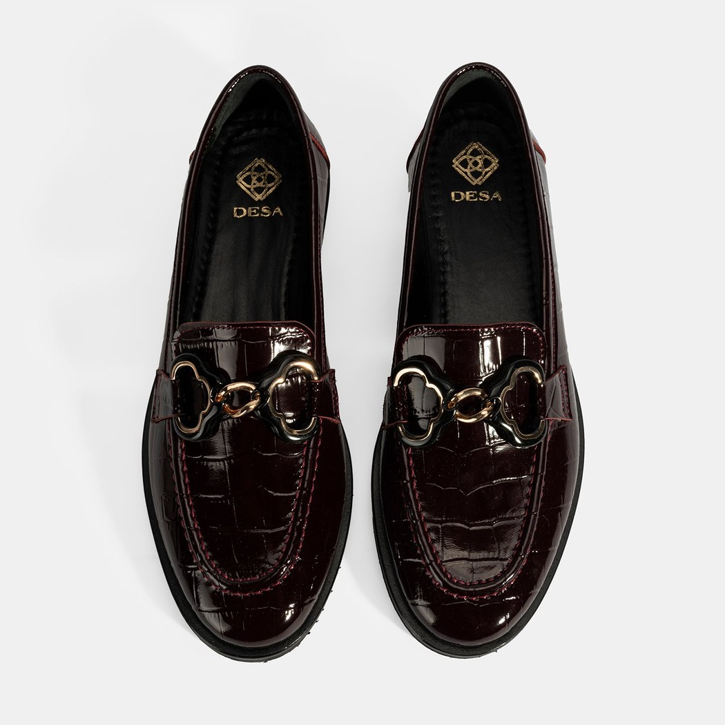 Kadın Bordo Kroko Baskılı Toka Detaylı Deri Loafer