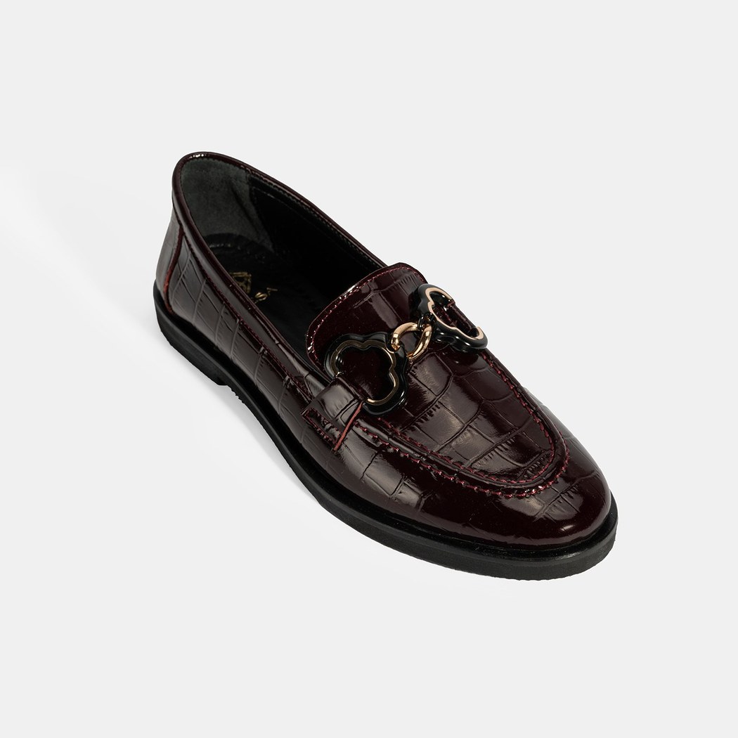 Kadın Bordo Kroko Baskılı Toka Detaylı Deri Loafer