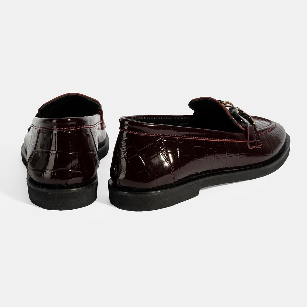 Kadın Bordo Kroko Baskılı Toka Detaylı Deri Loafer