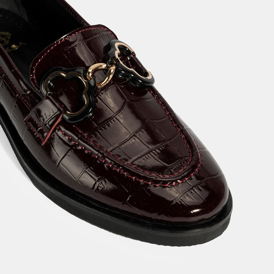 Kadın Bordo Kroko Baskılı Toka Detaylı Deri Loafer