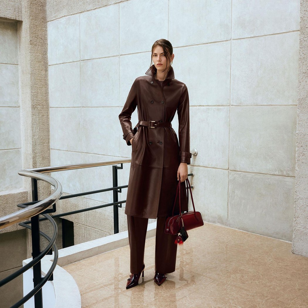 Kadın Bordo Yakalı Deri Trençkot