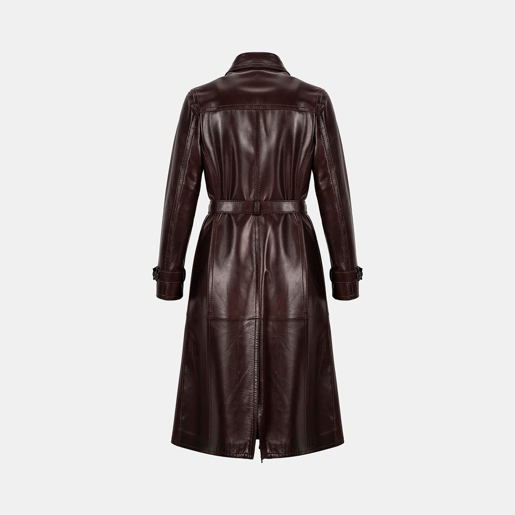 Kadın Bordo Yakalı Deri Trençkot