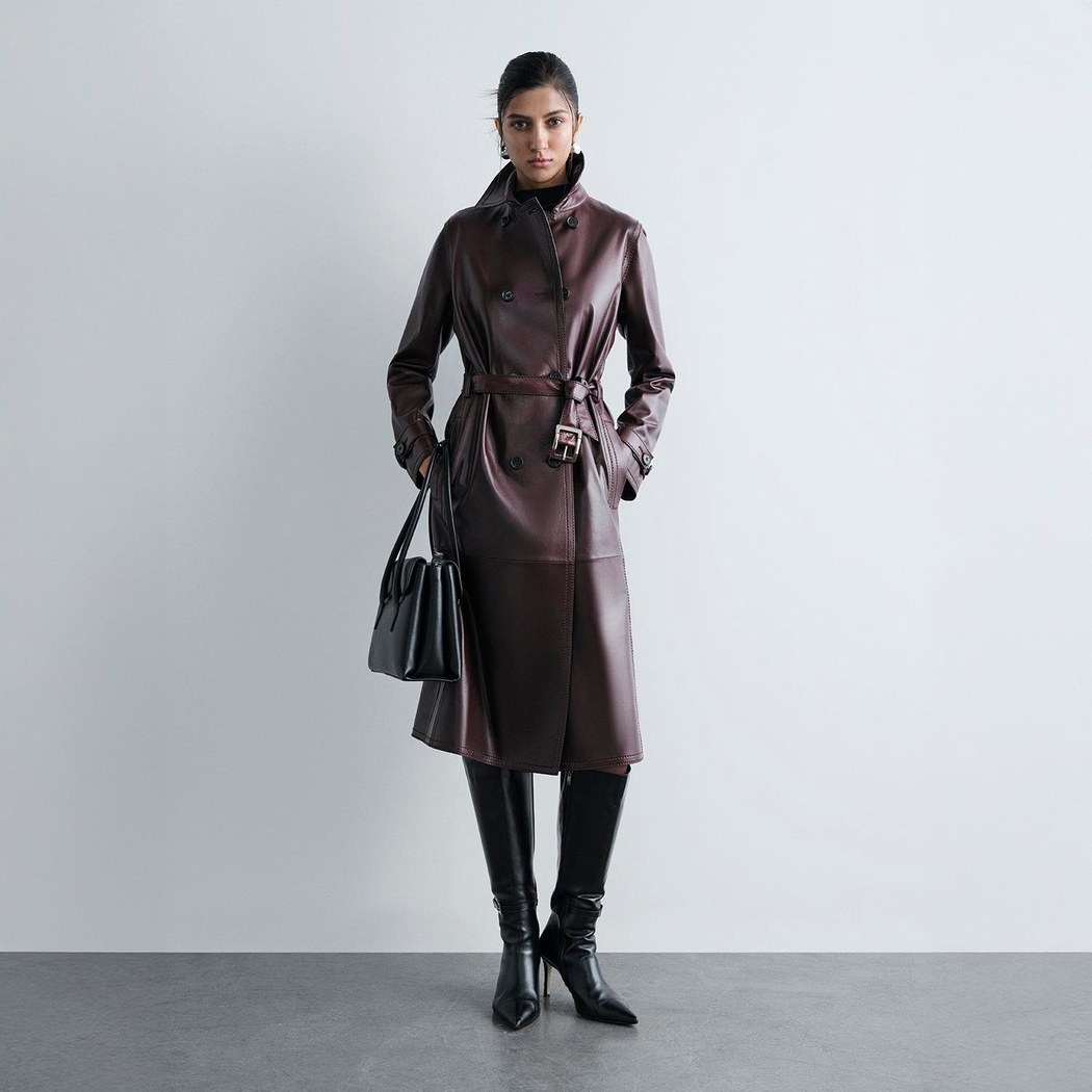 Kadın Bordo Yakalı Deri Trençkot