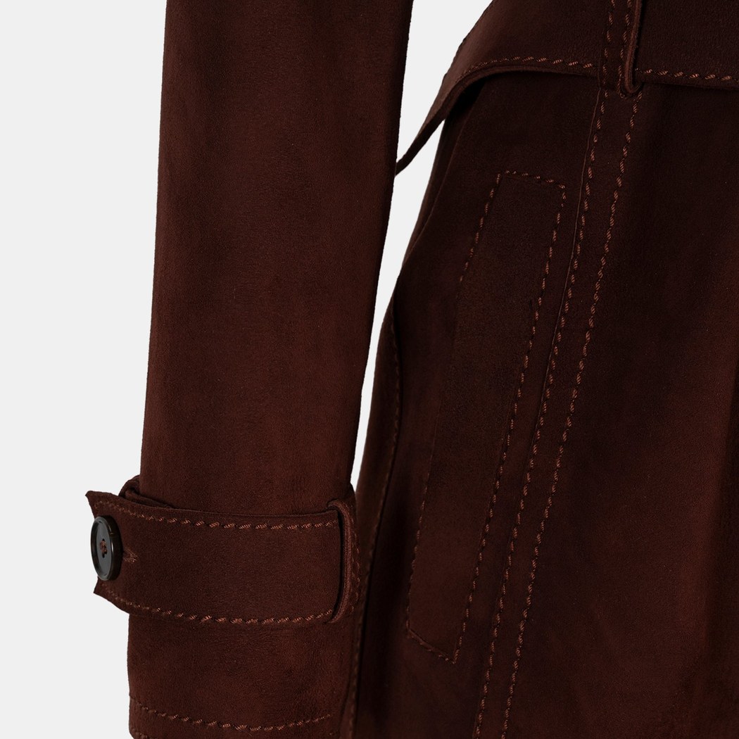 Kadın Bordo Yakalı Süet Deri Trençkot