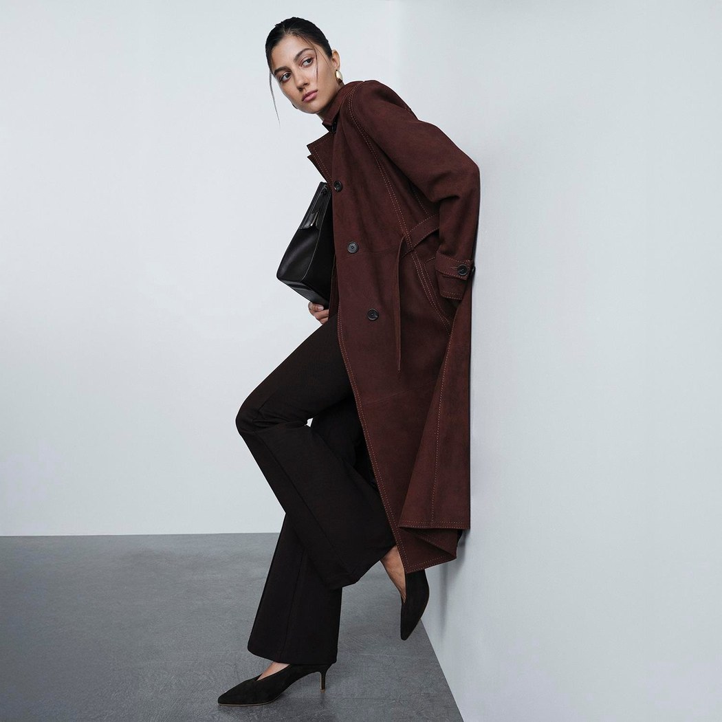 Kadın Bordo Yakalı Süet Deri Trençkot