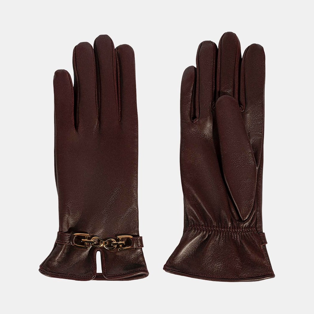 Kadın Bordo Zincir Aksesuarlı Deri Eldiven