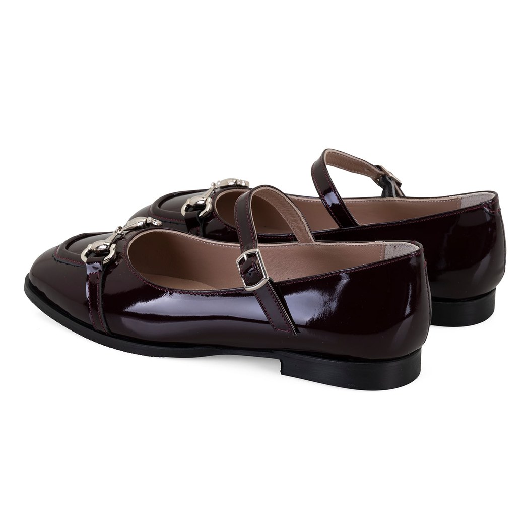 Kadın Bordo Zincir Detaylı Mary Jane Rugan Deri Babet