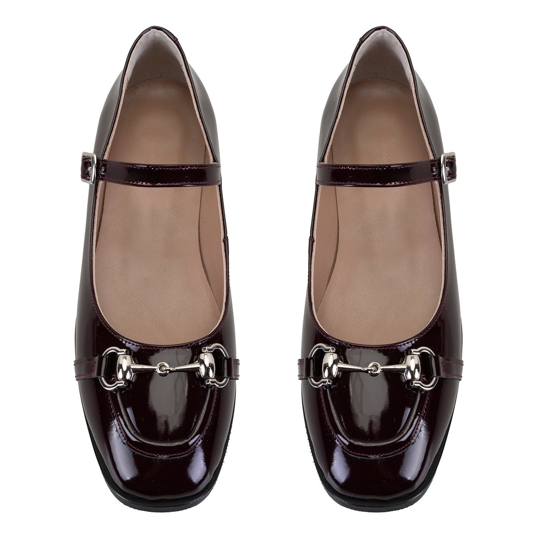 Kadın Bordo Zincir Detaylı Mary Jane Rugan Deri Babet