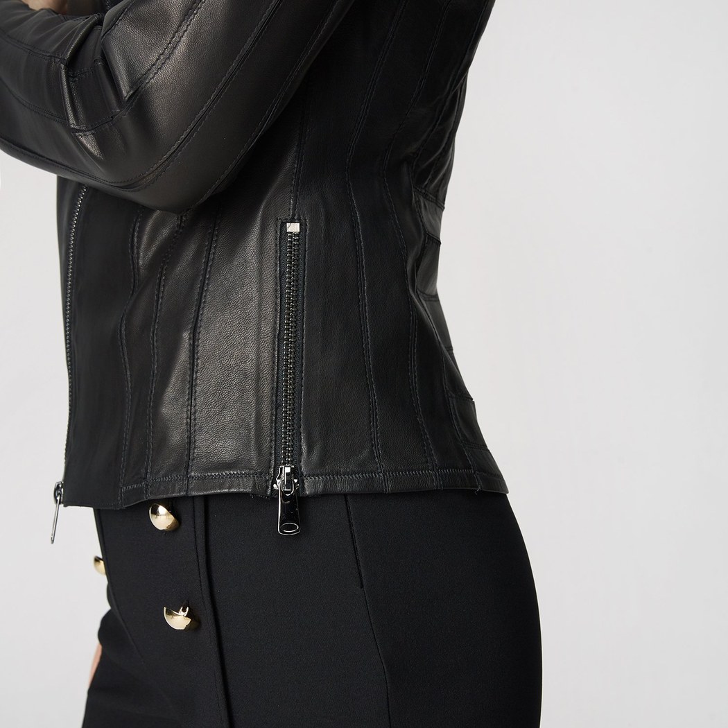 Kadın Deri Fit Panelli Biker Ceket