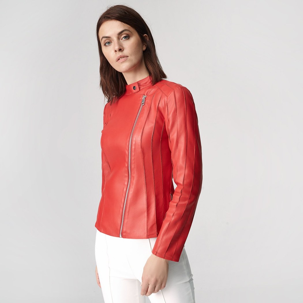 Kadın Deri Fit Panelli Biker Ceket