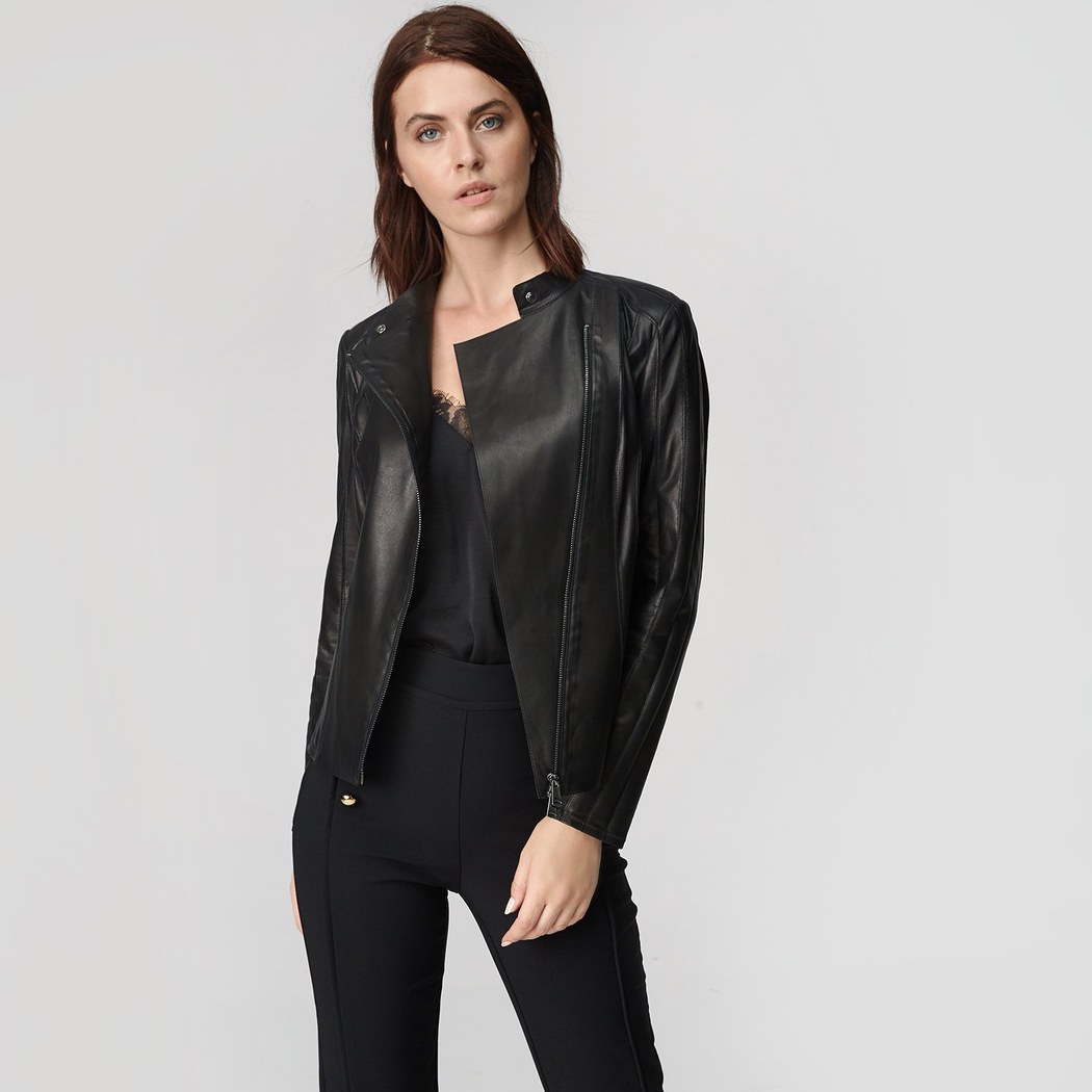 Kadın Deri Fit Panelli Biker Ceket