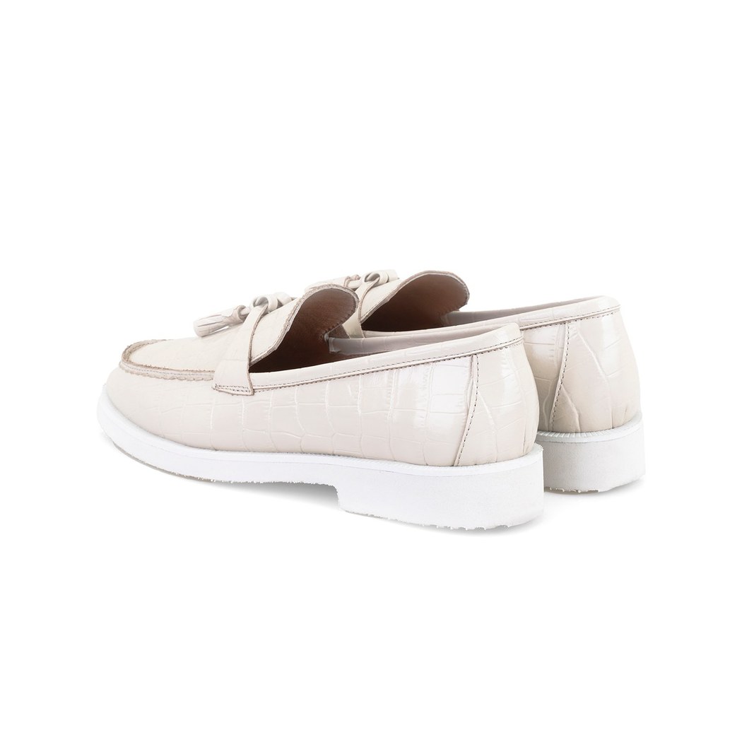 Kadın Ekru Kroko Baskılı Deri Loafer
