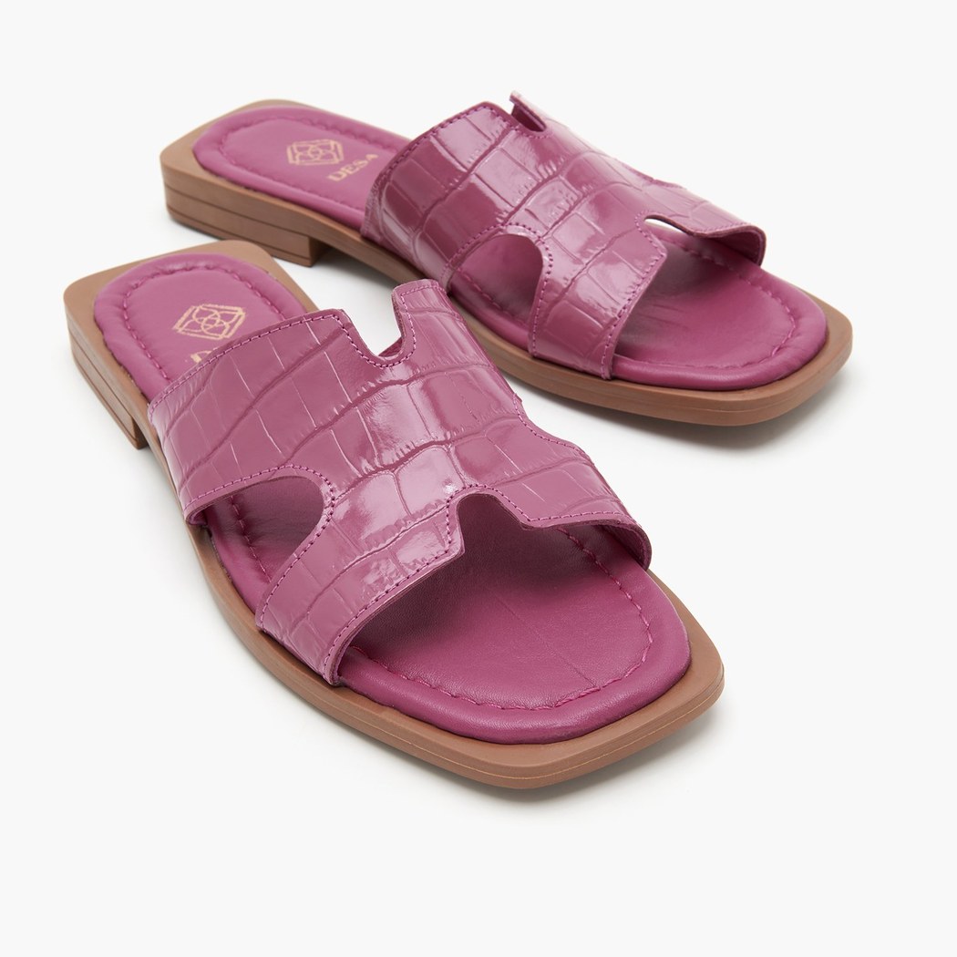 Kadın Fuşya Kroko Baskılı Deri Terlik