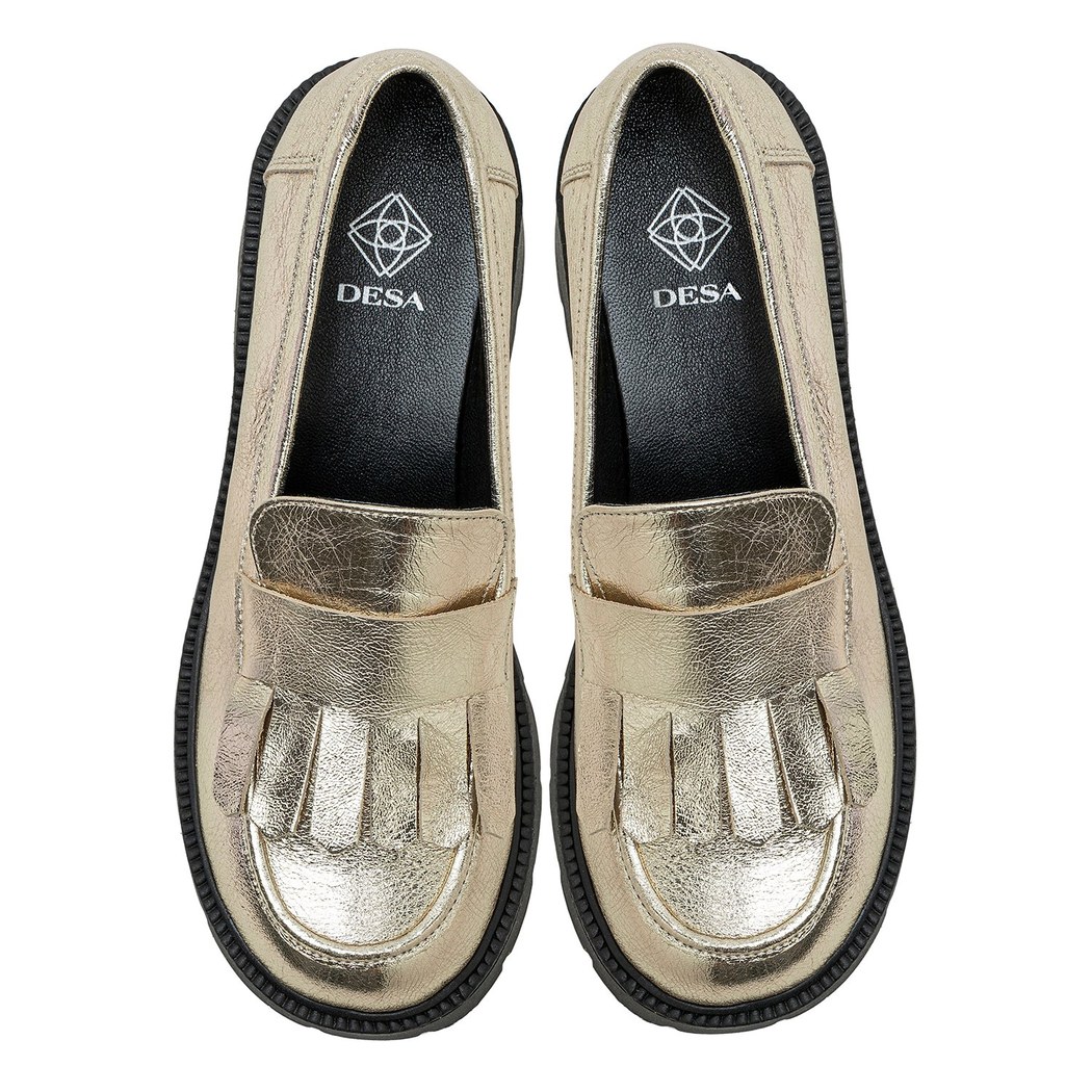 Kadın Gold Deri Püsküllü Loafer