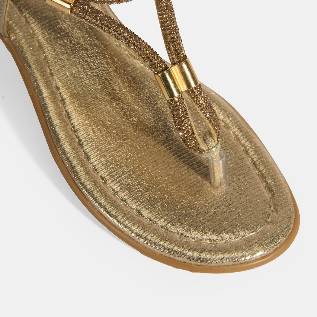 Kadın Gold Taşlı Lastik Bantlı Parmak Arası Sandalet