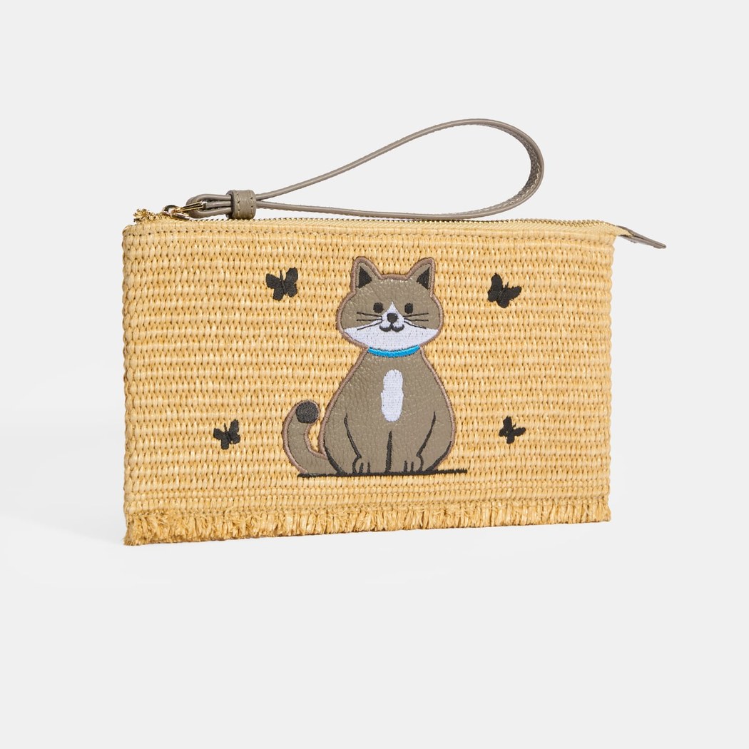 Kadın Gri Kedi Nakışlı Hasır Clutch