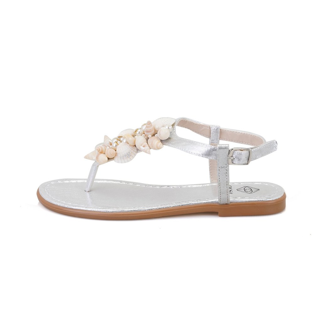 Kadın Gümüş Aksesuarlı Parmak Arası Deri Sandalet