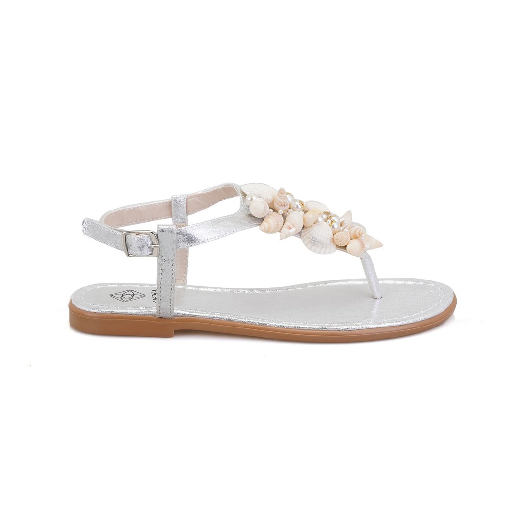 Kadın Gümüş Aksesuarlı Parmak Arası Deri Sandalet