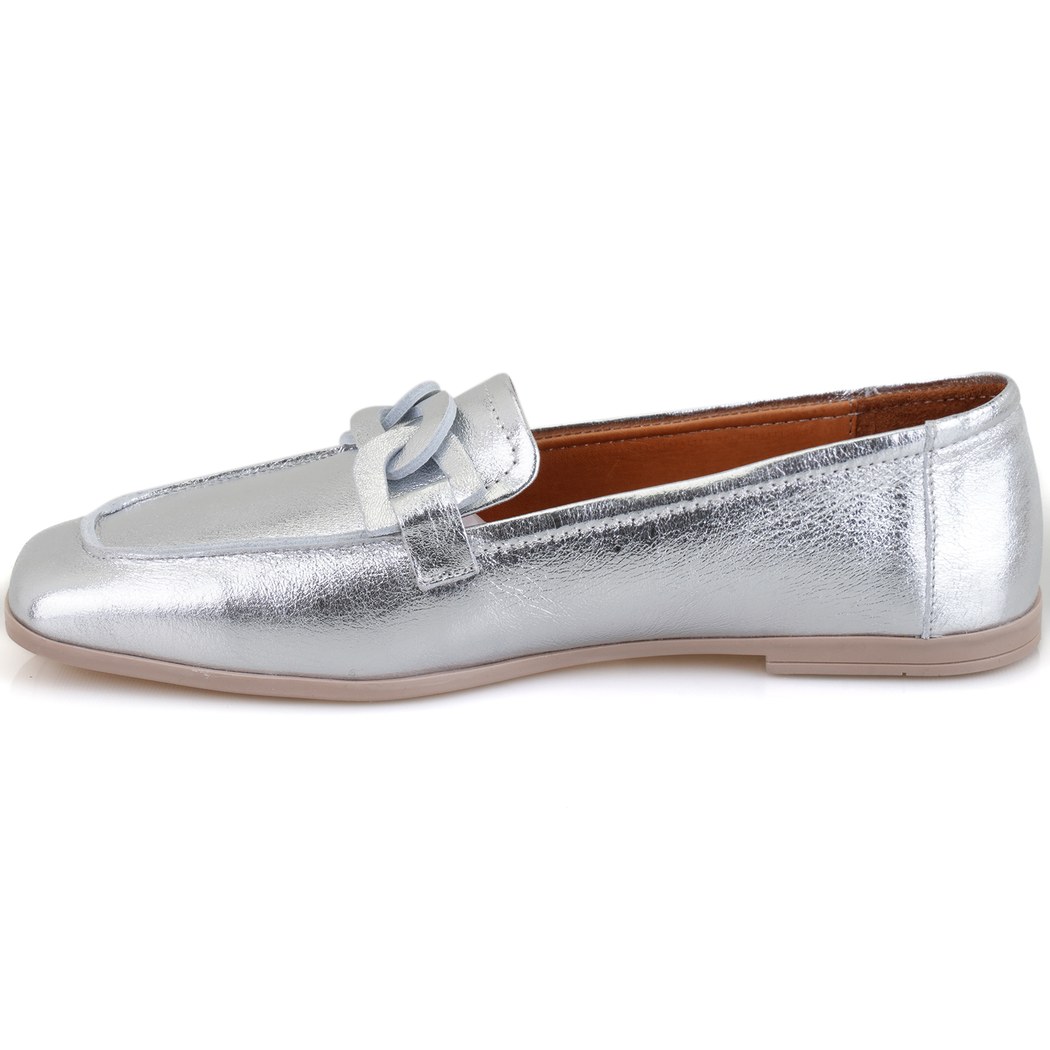 Kadın Gümüş Deri Loafer