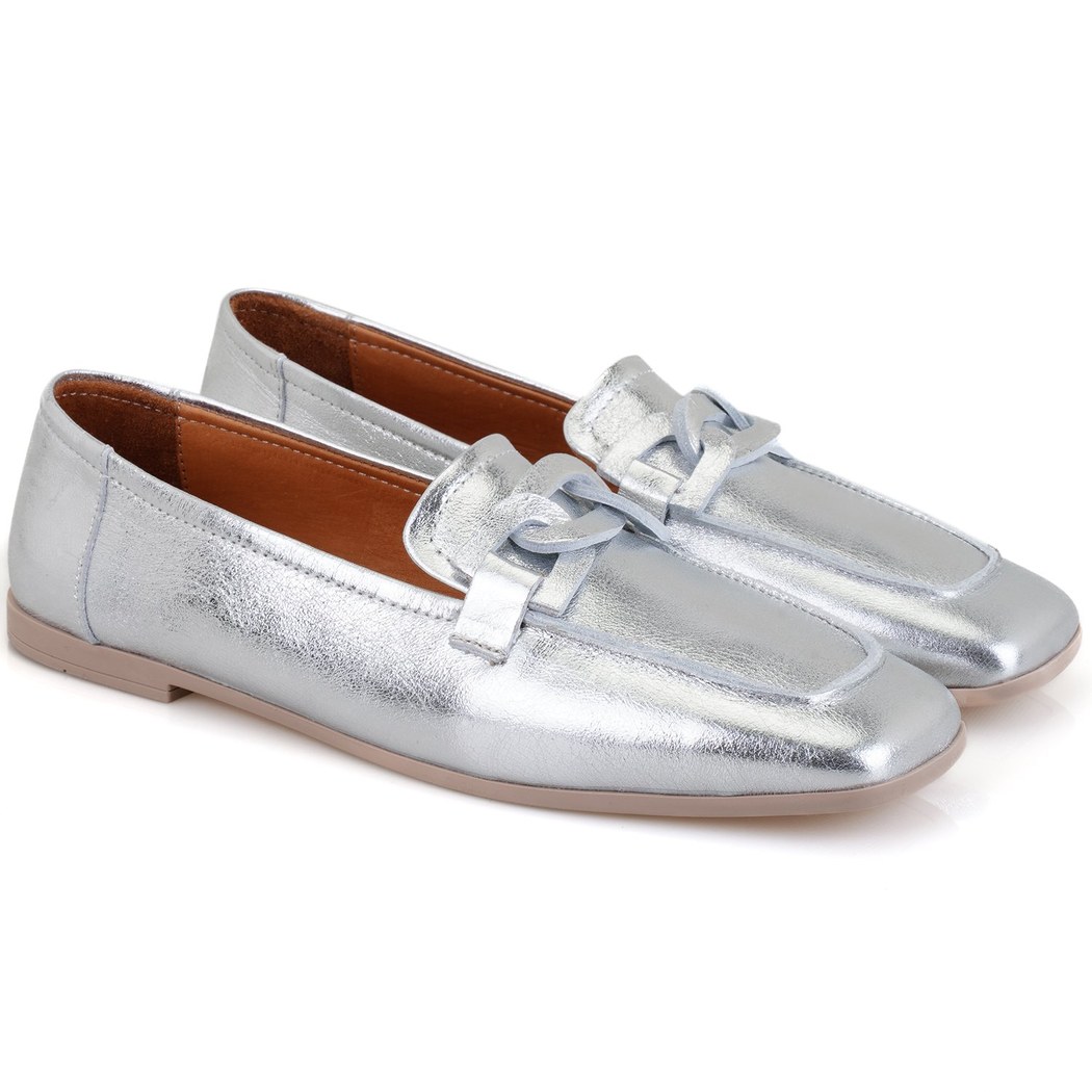 Kadın Gümüş Deri Loafer