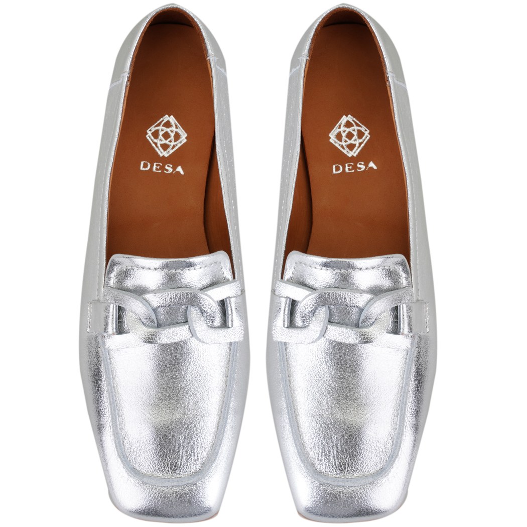 Kadın Gümüş Deri Loafer