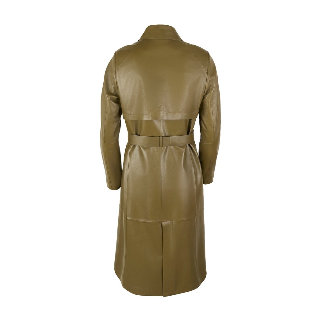 Kadın Haki Uzun Gömlek Yaka Deri Trençkot