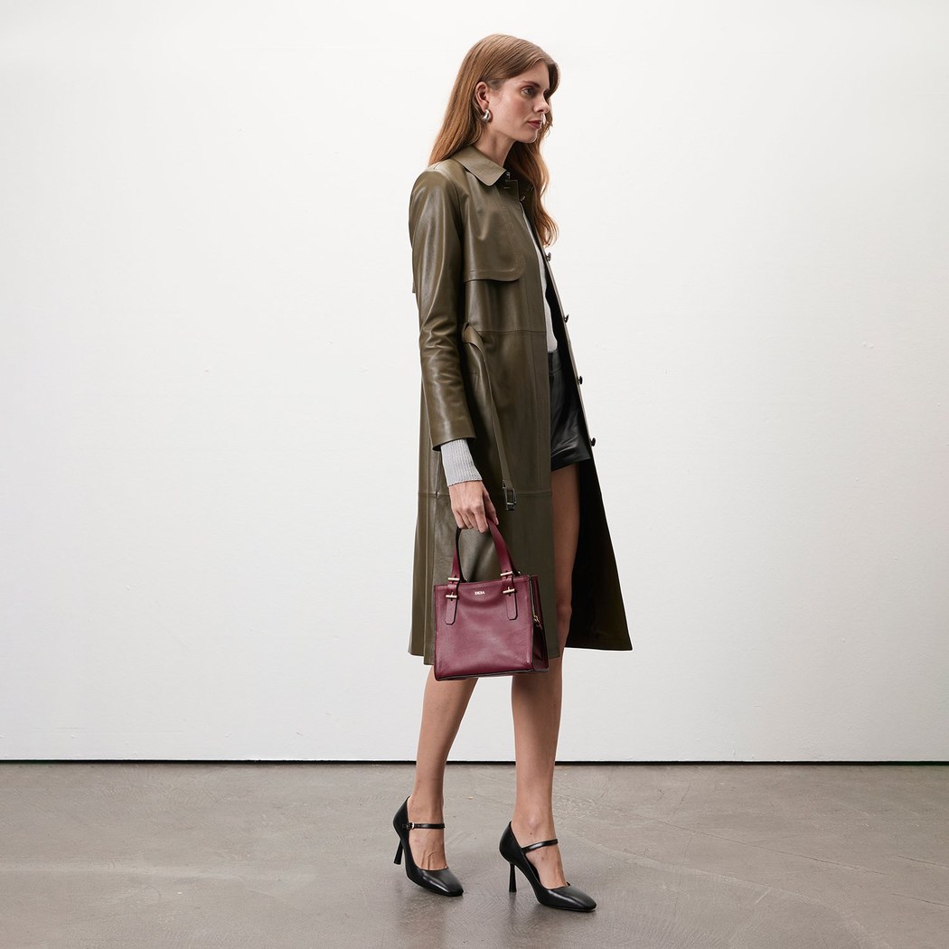 Kadın Haki Uzun Gömlek Yaka Deri Trençkot