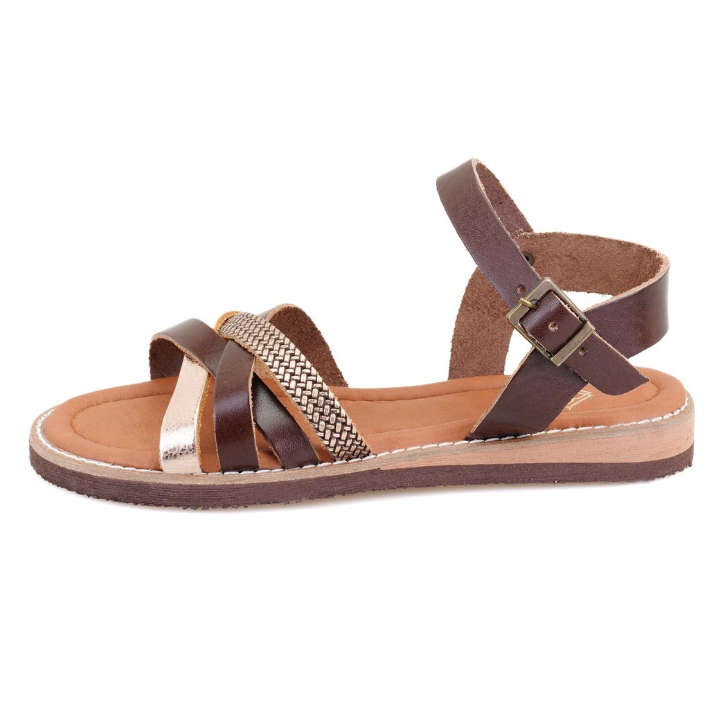 Kadın Kahve Ayarlanabilir Tokalı Deri Sandalet