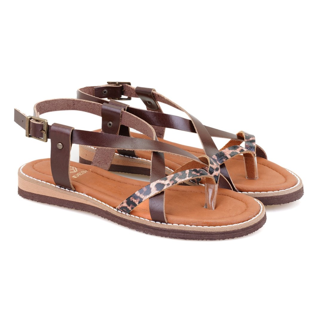 Kadın Kahve Ayarlanabilir Tokalı Deri Sandalet