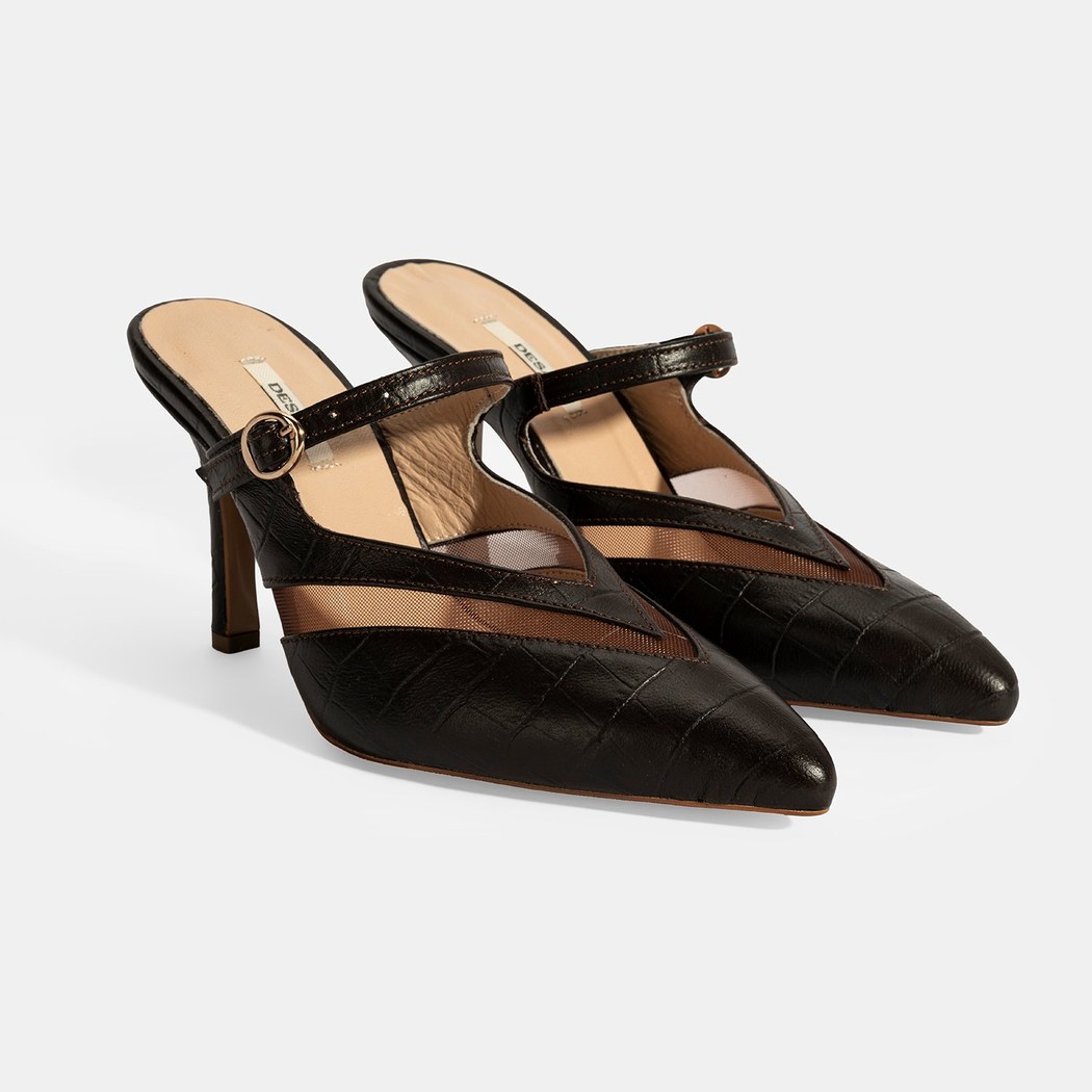 Kadın Kahve Ayarlanabilir Tokalı Deri Abiye Topuklu Terlik