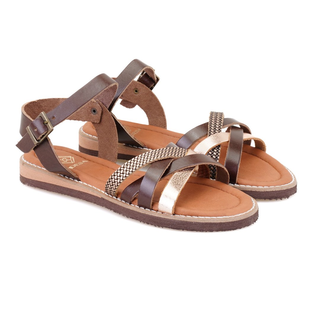 Kadın Kahve Ayarlanabilir Tokalı Deri Sandalet