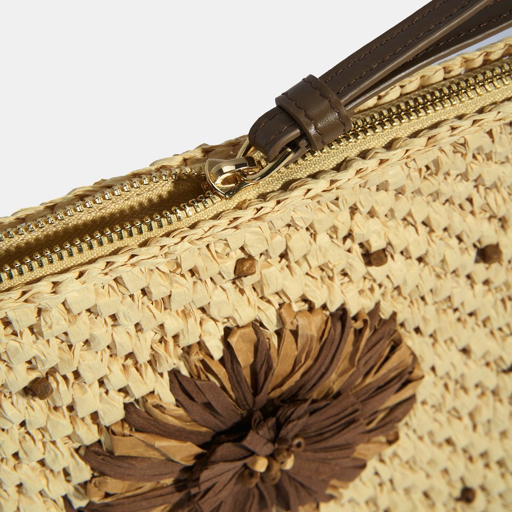 Kadın Kahve Çiçek Detaylı Hasır El Çantası