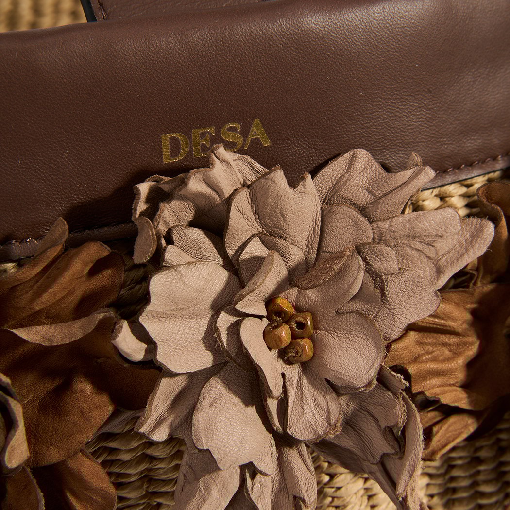 Kadın Kahve Çiçek Detaylı Hasır Omuz Çantası