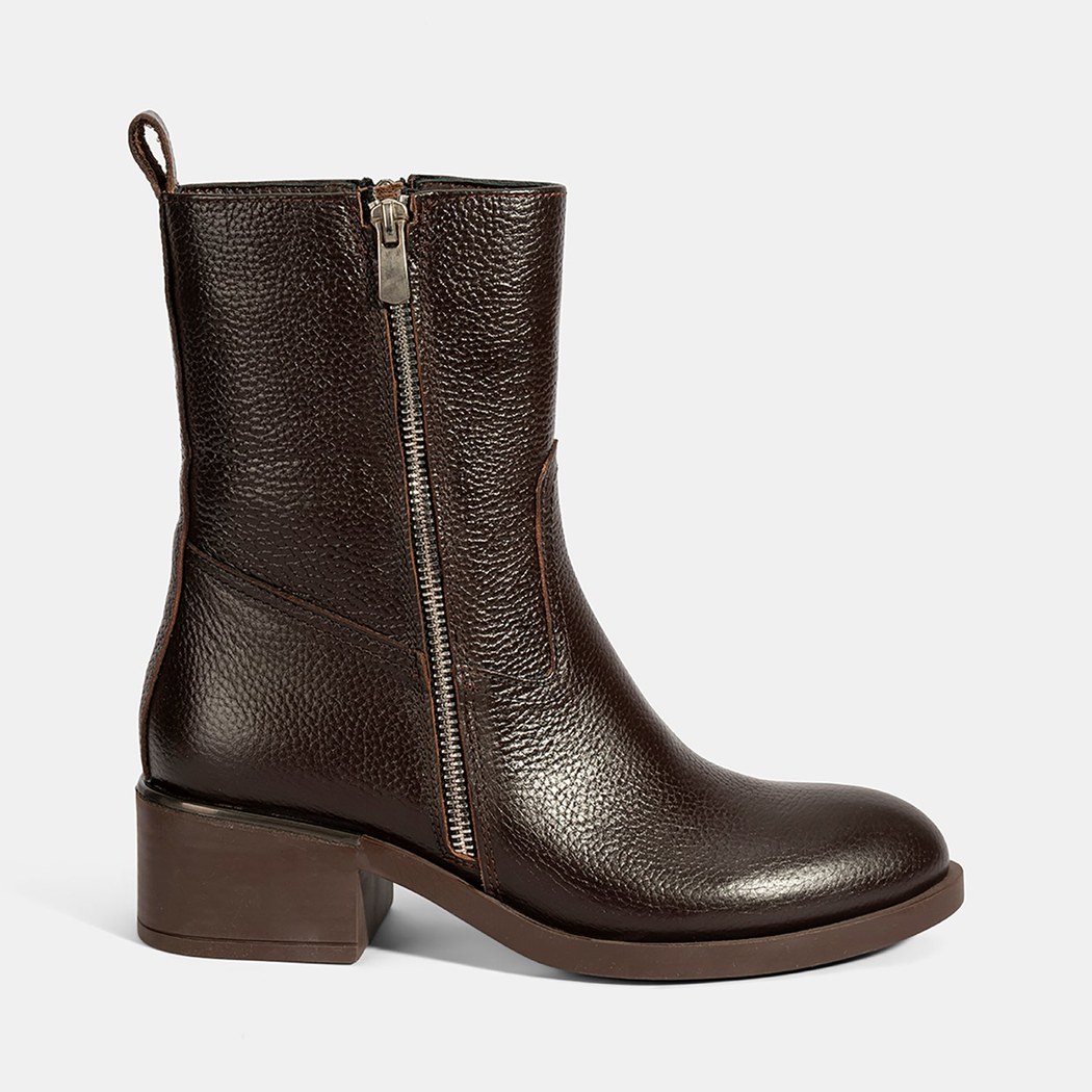 Kadın Kahve Fermuarlı Deri Topuklu Bot